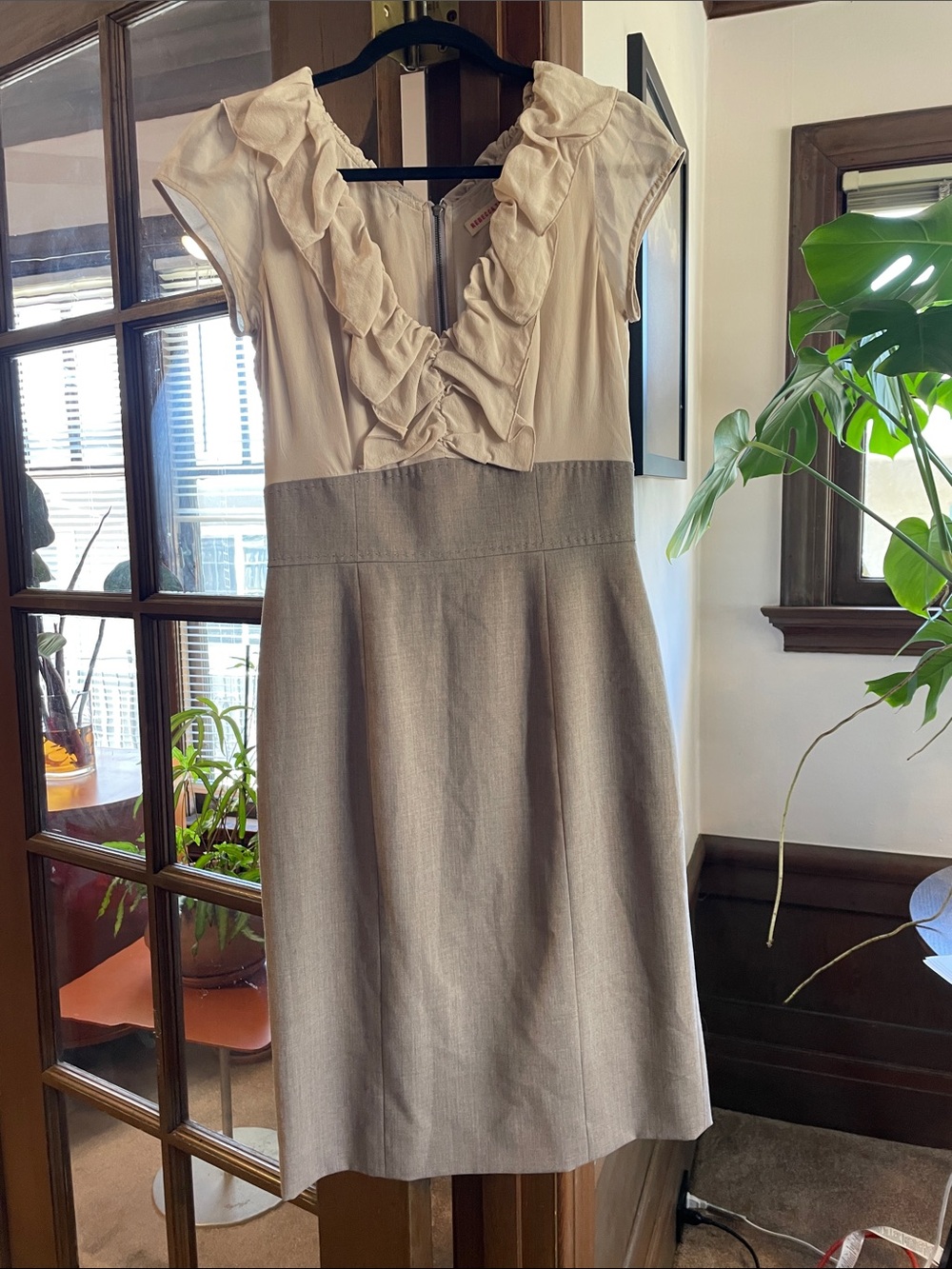 Rebecca Taylor Cream and Light Gray Ruffle V-Neck Midi Dress